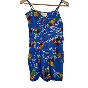 Yumi Kim Blue Floral Pattern 100% Silk‎ Button Front Romper Size Small